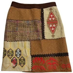 Tabitha Patchwork Embroidered Skirt Wool Crochet Aztec Size 2 Brown MSRP $268